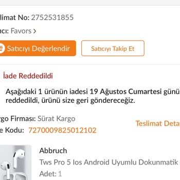 Sürat Kargo İade Geri Elime Ulaşmadı