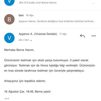 Vivense Ürünlerim Teslim Edilmiyor.