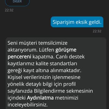 Bisu Eksik Teslim Edilen Sipariş