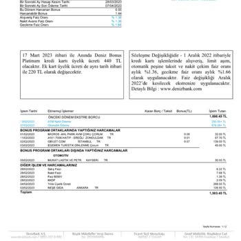 Denizbank Yıllık Üyelik Ücreti