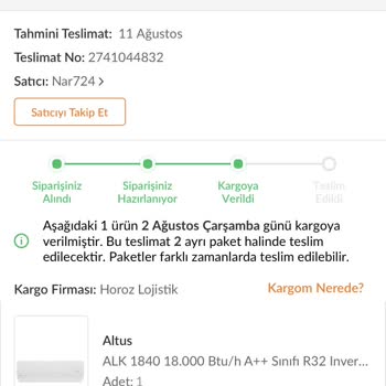 Trendyol Klima Siparişi Beklemesi