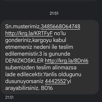 Aras Kargo Kargoyu Kabul Etmemeniz Nedeni İle Teslim Edilememiştir