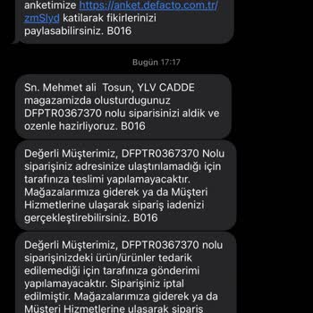 DeFacto Ürün Stokta İken Siparişin İptali