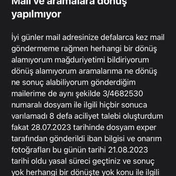 Türkiye Sigorta Hasar Dosya İşlemleri Sorunu Maillere Dönüş Yapılmaması