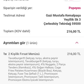 Popeyes 1 Litre Yerine 330 Ml Farklı Teslimat