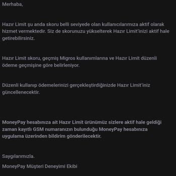 MoneyPay Migros Hazır Limit Sorunu