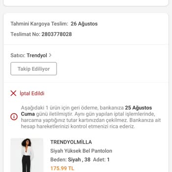 Trendyolmilla İptal Edilen Ürün Para İadesi