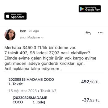 Madame Coco 3450 TL'lik Alışverişimin Tamamının Geri İadesini Yapmıyor