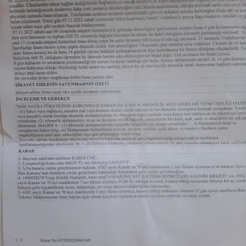 Vodafone Net Vodafone'un Hakem Heyeti Kararı Olmasına Rağmen Ücret İadesi Yapmaması