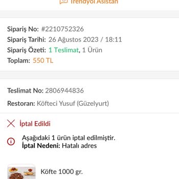 Trendyol Yemek Tarafından Haksız İptal Ve Ödeme Alınması