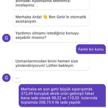 Getir Eksik Sipariş Sonrası Eksik İade