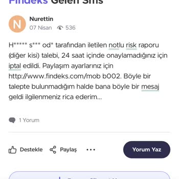 Findeks Raporu Gelen Mesaj