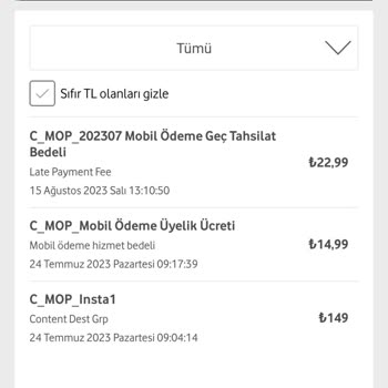 Vodafone Bilgim Dışında Yansıtılan Ödeme