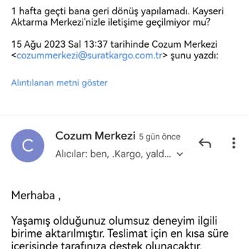 Sürat Kargo Kayseri Aktarma Merkezi'nden Gelemeyen Kargo