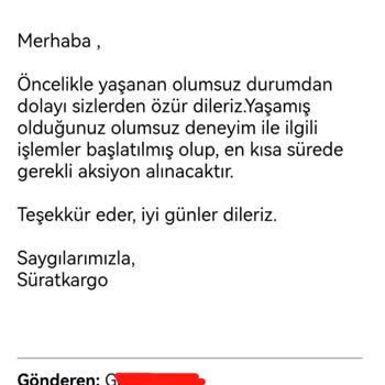 Sürat Kargo Kayseri Aktarma Merkezi'nden Gelemeyen Kargo