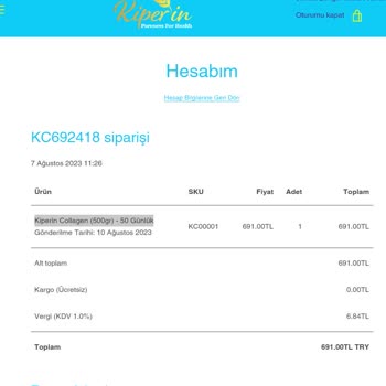 Kiperin Collagen Alınan Ürünün 1 Aydır Teslim Edilmemesi