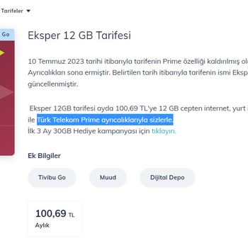 Türk Telekom, Prime Eksper 12 GB Faturalı Hat
