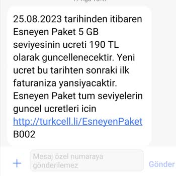 Turkcell Tarifemin Sürekli Olarak Ücretinin Güncellenmesi
