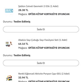 PttAVM Ofis Kitap Kirtasiye Kayseri Merkezli Eksik Ürün