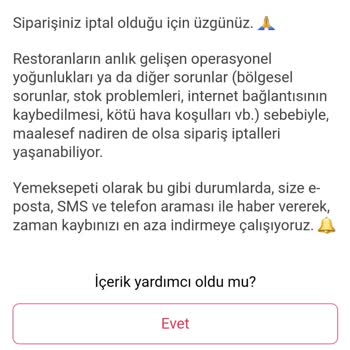 Yemek Sepeti Siparişinde İptal Olan Siparişin Para İadesi Yapılmadı
