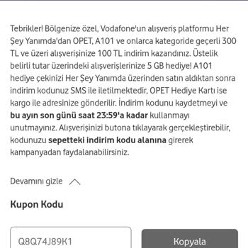 Vodafone Yanımda Opet İndirim Çekini Kullanamadım