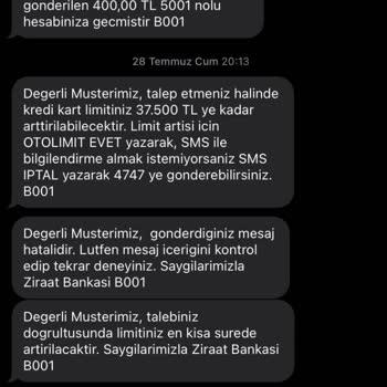 Ziraat Bankası Limit Arttırma SMS Mesajı