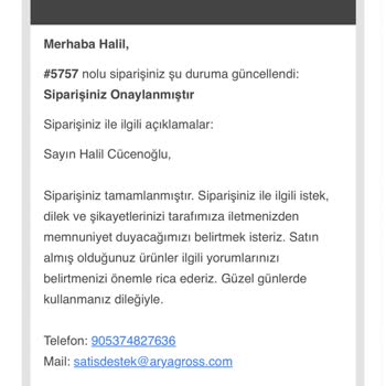 Arya Gross İnternet Üzerinden Verilen Sipariş Gönderilmedi