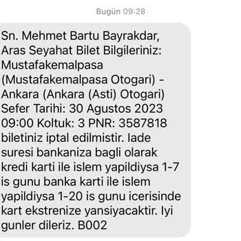 Aras Turizm Kafalarına Göre Bilet İptali