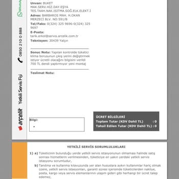 Arçelik Yetkili Servisin Yaptığı Hatanın Sorumluluğunu Üstlenmemesi
