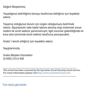 Gratis Ücret İadesi Yapmıyor