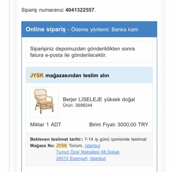 Jysk 4041322557 Numaralı Sipariş Problemi