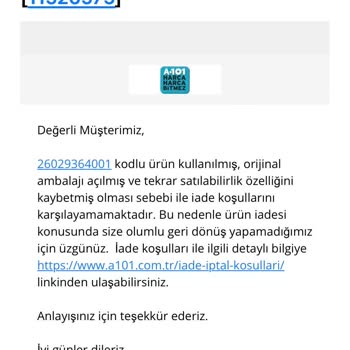 A101 İnternet Sitesi İade Kabul Etmiyor
