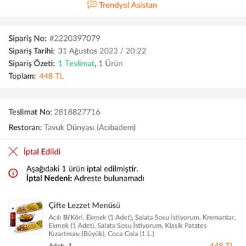 Trendyol Yemek Teslim Edilmeyen Siparişin Parası Alindi
