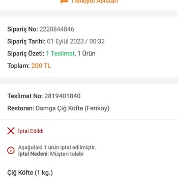 Trendyol Yemek İade Edilmeyen Ücret