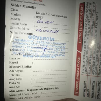 Boss Akü Garanti Kapsama Alanı