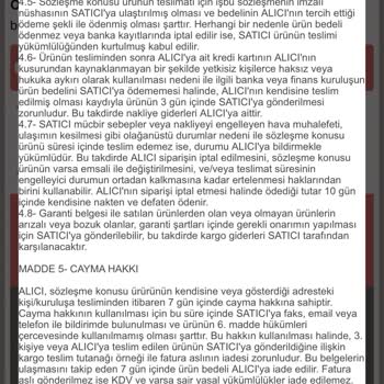 Hazaaofficial Satış Sözleşmesi Tüketici Cayma Hakkını Kabul Etmiyor