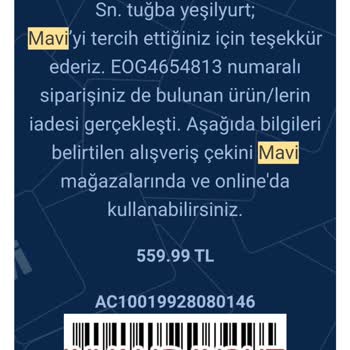 Mavi Marka Ürün İadesi Yerine Hediye Çeki Yolluyor