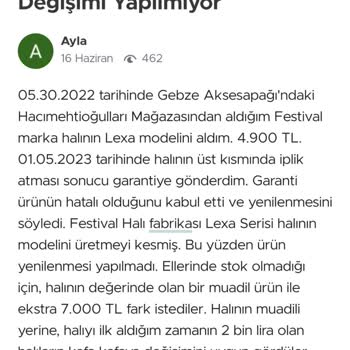 Festival Halı Değişim Yapmıyor Para İadesi Yapmıyor