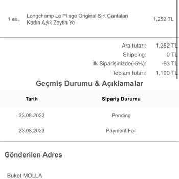 Longchampcantaturkiyefiyatlarl.com Para Çekildi Hesaptan Ama Sipariş Askıda Gözüküyor