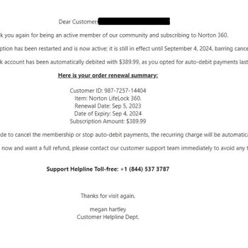 E-Posta Adresime Asılsız Norton Üyeliği Ücreti Gönderme