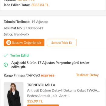 Trendyolmilla Firması 8 Adet Ürün Göndermeyip Paramı Geri Ödemiyor