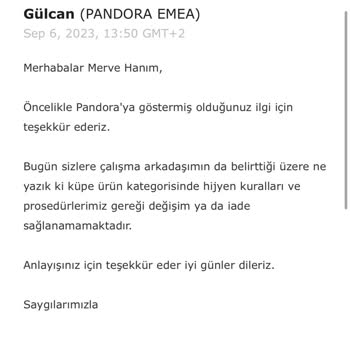 Pandora Mücevher 24 Saat İçinde Değişim Yapamıyorum