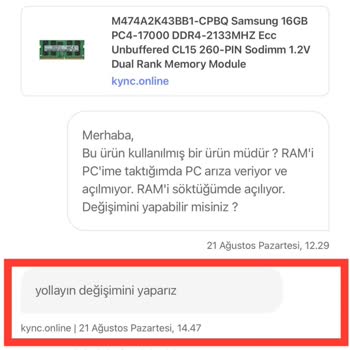 Hepsiburada RAM Gibi Bir Ürünün İadesini Almamaktadır!