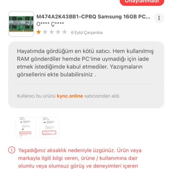 Hepsiburada RAM Gibi Bir Ürünün İadesini Almamaktadır!