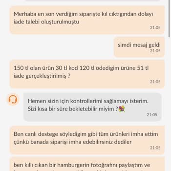 Trendyol Yemek Ürünümden Çıkan Kıl Ve Kabul Edilmeyen İadem