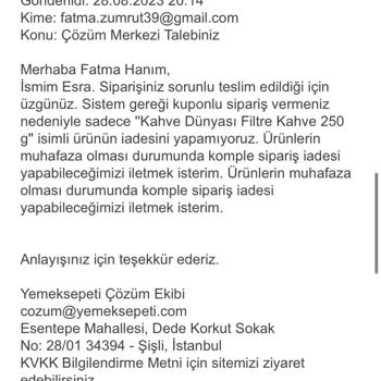 Yemeksepeti Mahalle Eksik Ücret İadesi