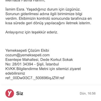 Yemeksepeti Mahalle Eksik Ücret İadesi