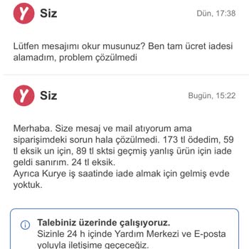 Yemeksepeti Mahalle Eksik Ücret İadesi