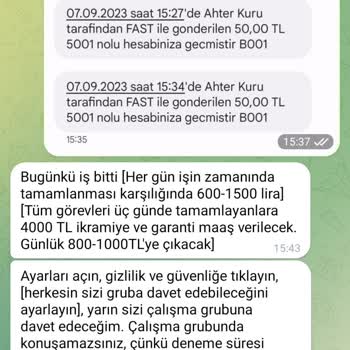 Telegram Günlük 800-1500 TL Kazana Bileceğim Part Time İş Teklifi Aldım