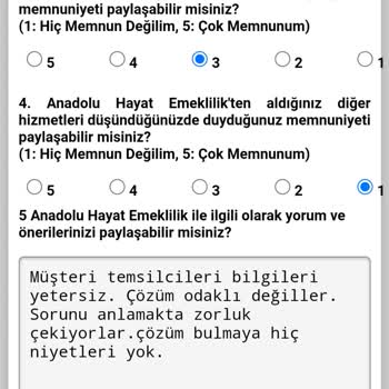 Anadolu Hayat Emeklilik Asistan Hizmeti Memnuniyeti Anket Sorunu